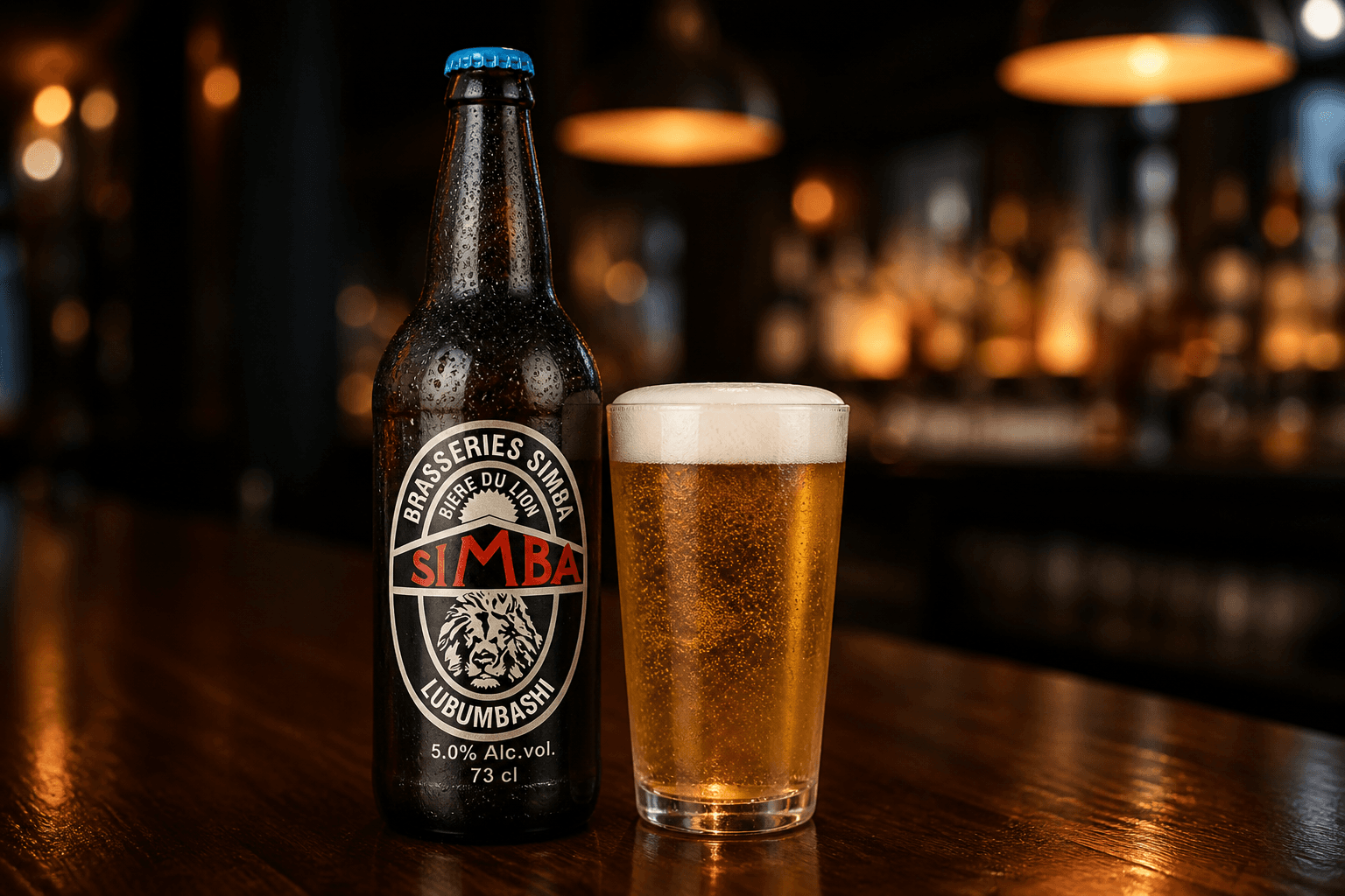 Comptoir du bar : bière Simba fraîche et verre de lager
